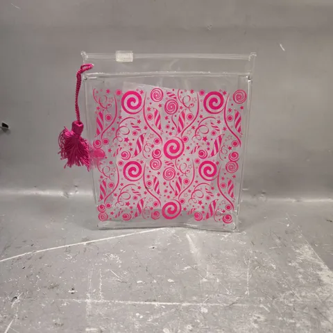BOX OF APPROX 100 SMALL COSMETIC BAGS IN CLEAR/PINK TASSLE