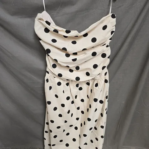 4TH+RECKLESS BRONA POLKA DOT RUCHED DROP WAIST STRAPLESS MIDI DRESS IN CREAM SIZE 18