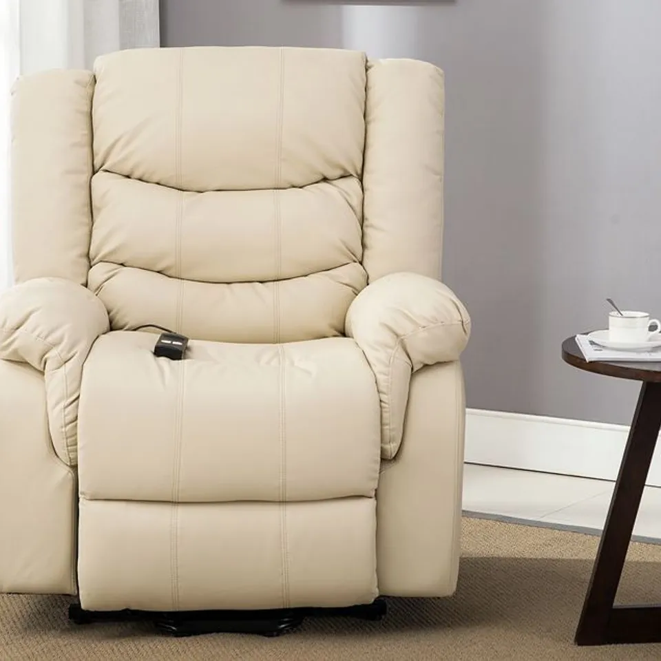 BOXED CREAM FAUX LEATHER RISE & RECLINING EASY CHAIR (2 BOXES) RRP £499.99