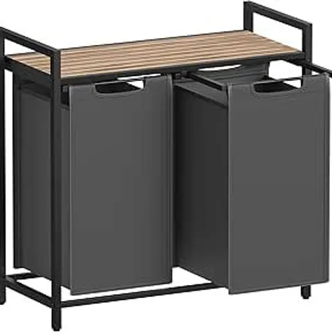 BOXED VASAGLE 2 COMPARTMENT LAUNDRY HAMPER, PULL-OUT AND REMOVABLE LAUNDRY BAGS, 2 X 46L, 73×33×72CM, CAMEL BROWN AND GREY