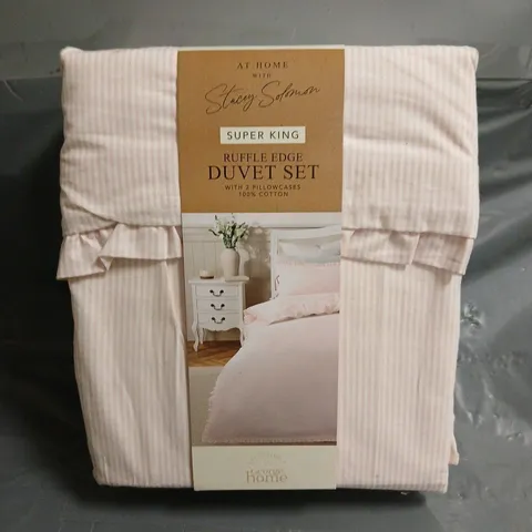 STACEY SOLOMON RUFFLE EDGE DUVET SET IN PINK STRIPE SIZE SUPER KING