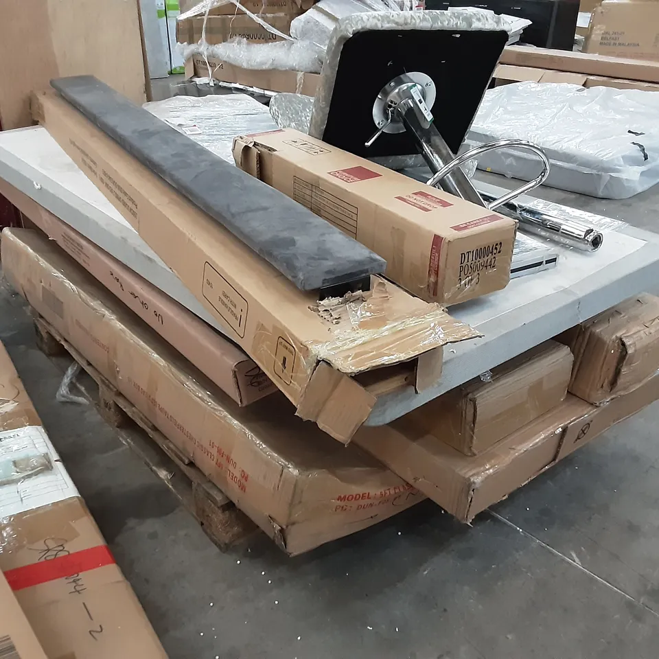 PALLET OF ASSORTED BOXED FURNITURE INCLUDING,  DINING TABLE , BAR STOOL , 150CM BED , HEADBOARD AND FURNITURE PARTS 