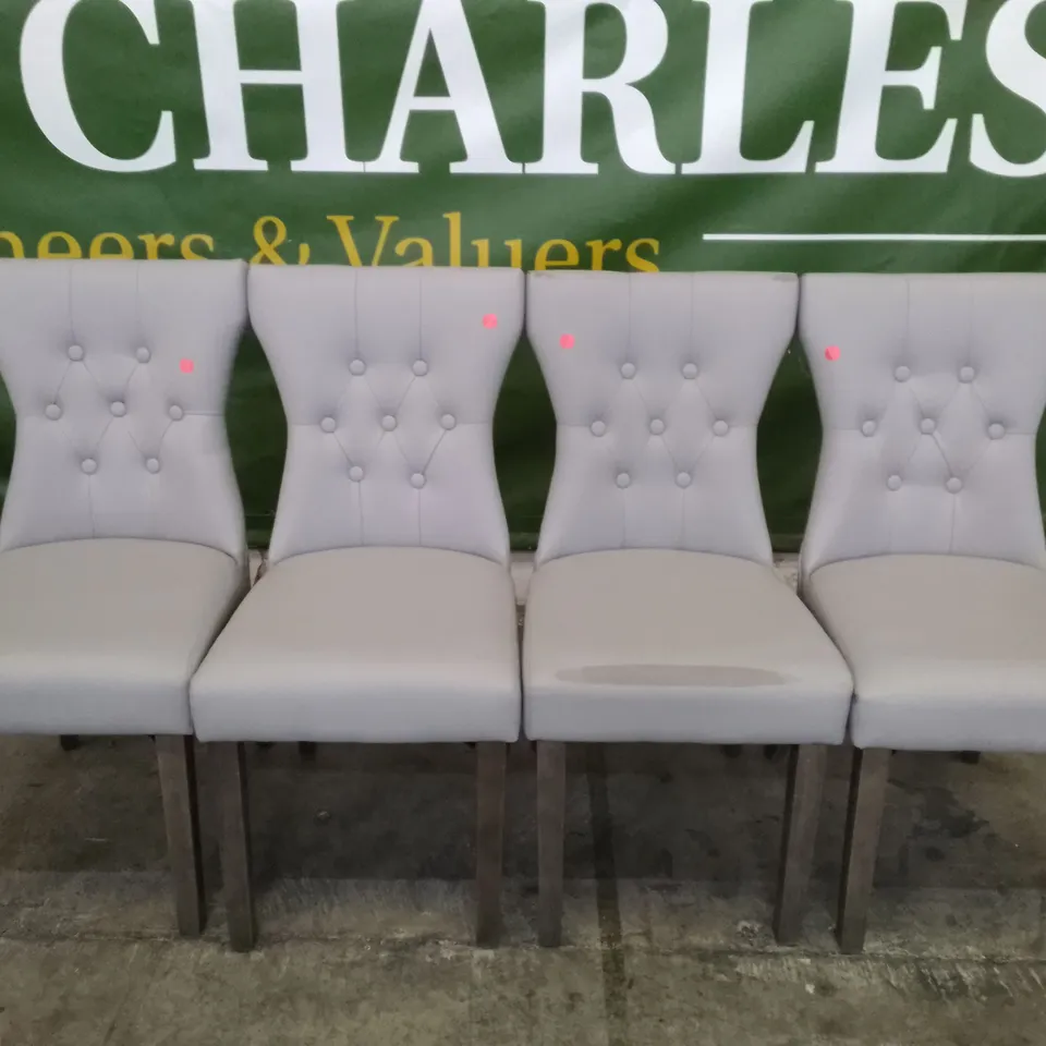 SET OF 4 NEW BEWLEY LIGHT GREY LEATHER BUTTON BACK DINING CHAIRS (DARK OAK LEG)