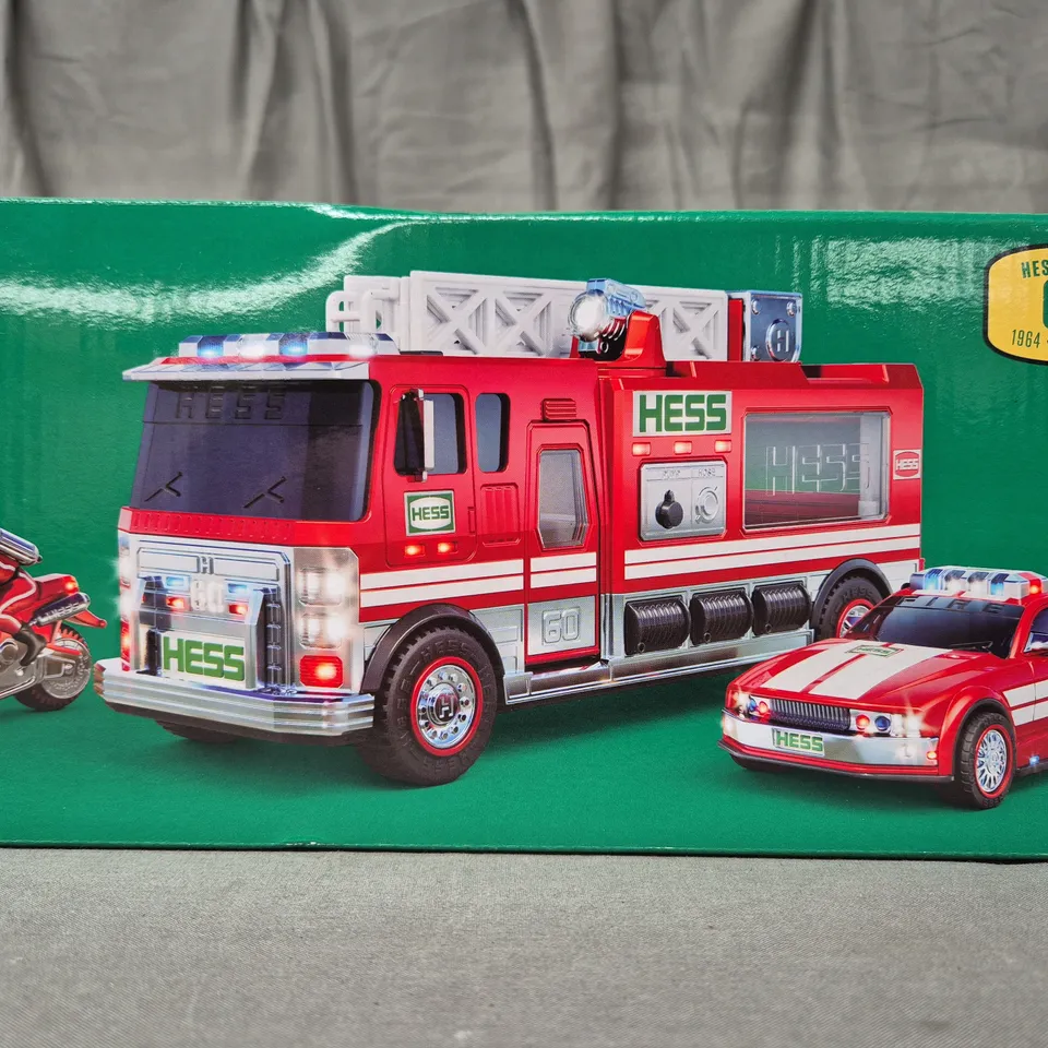 BOXED HESS FIRE TRUCK WITH CAR AND MOTORCYCLE