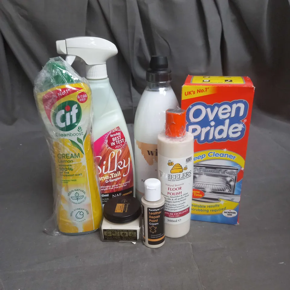 BOX OF APPROX 6 CLEANING PRODUCTS TO INCLUDE SILKY MANE & TAIL D-TANGLER, OVEN PRIDE DEEP CLEANER AND WHEELERS FLOOR POLISH ETC - collection only