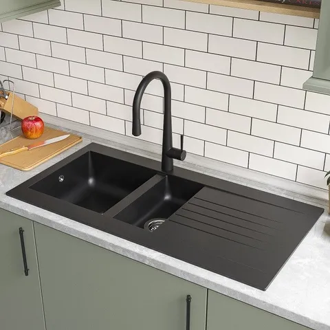 BOXED 1.5 BOWL INSET BLACK COMPOSITE KITCHEN SINK WITH REVERSIBLE DRAINER - ESSENCE AMELIA
