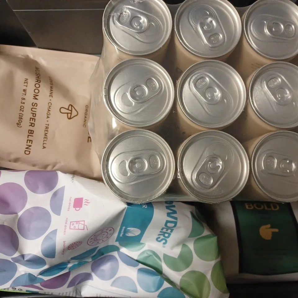 LOT OF APPROX 6 ASSORTED FOOD & DRING ITEMS TO INCLUDE - DIRTEA COFFEE MUSHROOM SUPER BLEND - MISSION MATE TEA - SET OF 12 TRIP CBD INFUSED ETC