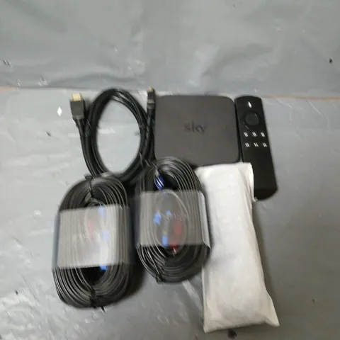 BOX OF ASSORTED HOUSEHOLD ITEMS TO INCLUDE REMOTE CONTROL, WIFI BOXES AND CABLES