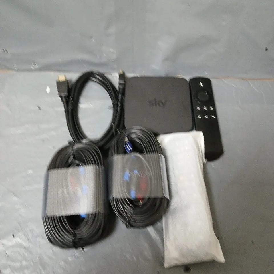 BOX OF ASSORTED HOUSEHOLD ITEMS TO INCLUDE REMOTE CONTROL, WIFI BOXES AND CABLES