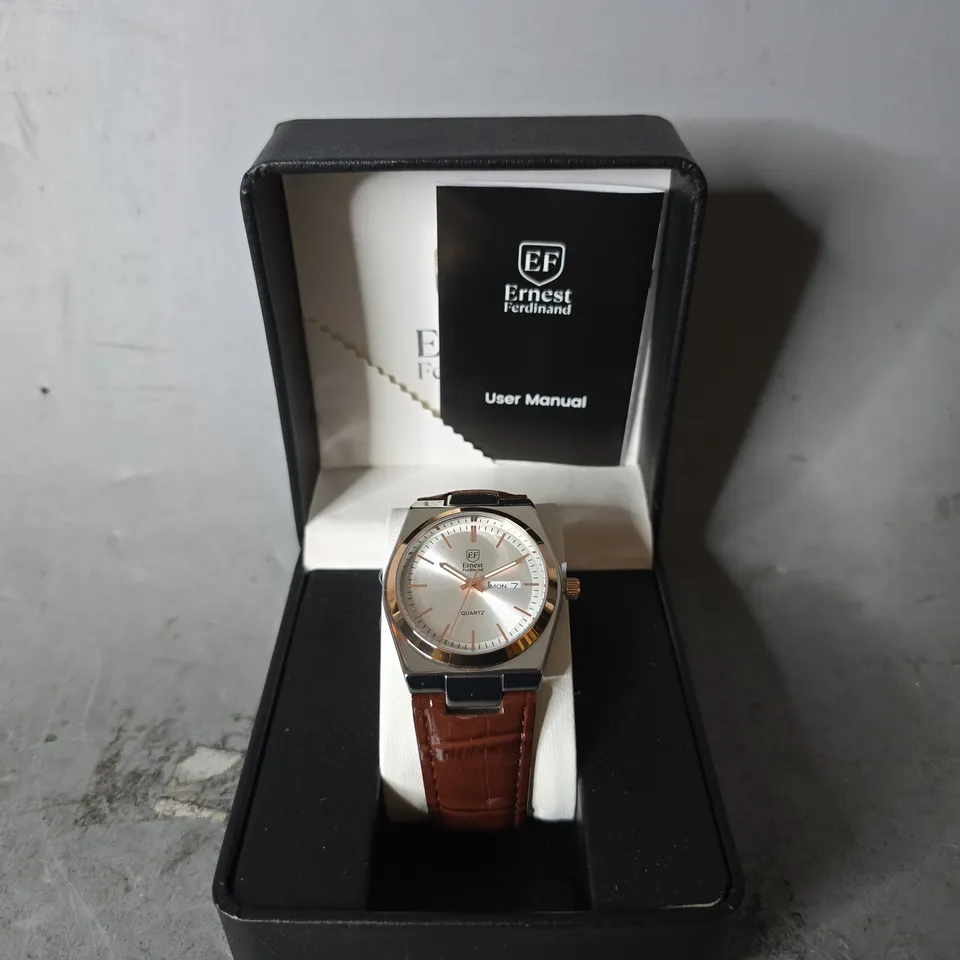 ERNEST FERDINAND WATCH – DAY DATE CALENDAR DIAL – LEATHER STRAP – 3ATM WATER RESISTANT - GIFT BOX