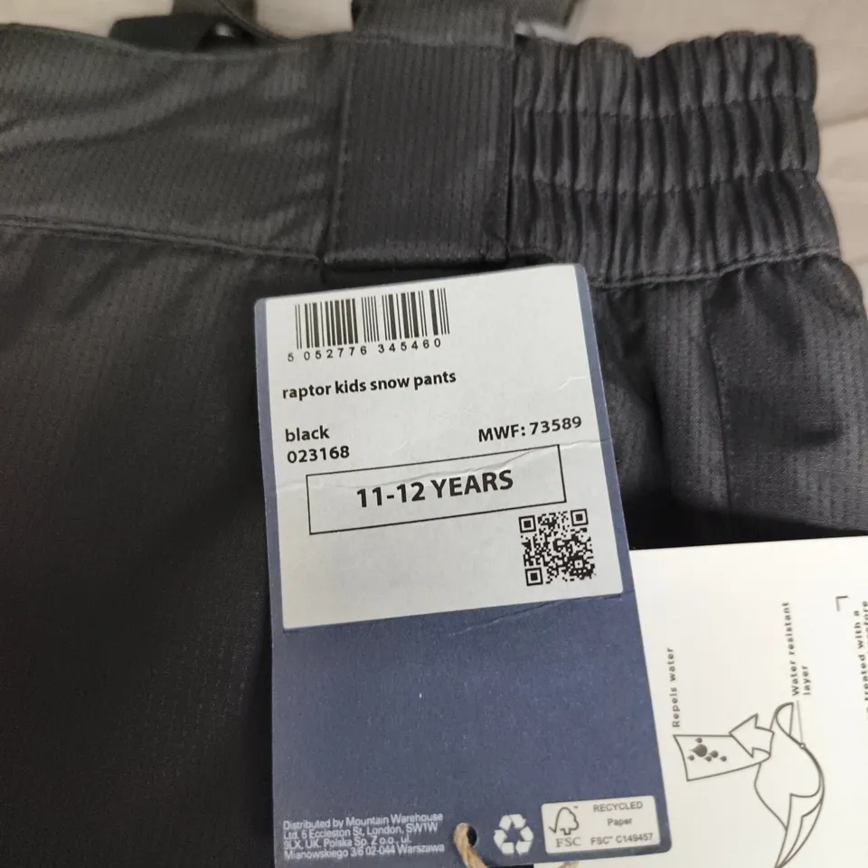 MOUNTAIN WAREHOUSE KIDS SNOW PANTS – BLACK, 11-12 YEARS (RAPTOR)