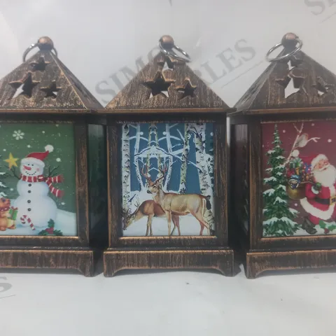 BOXED FESTIVE SET OF 3 MINIATURE PRE-LIT LANTERNS