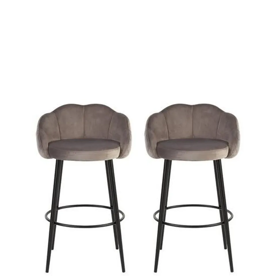 BOXED MICHELLE KEEGAN HOME PAIR OF ANGEL SCALLOP BAR STOOLS - GREY VELVET (1 BOX) RRP £199