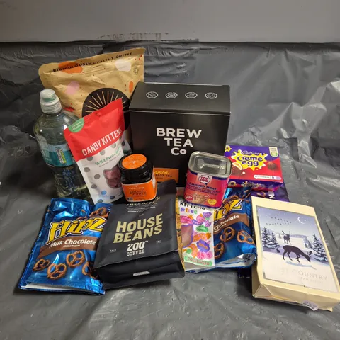 APPROXIMATELY 15 ASSORTED FOOD AND DRINK PRODUCTS TO INCLUDE - BREW TEA CINNAMON BREAKFAST TEA LOOSE LEAF - CANDY KITTENS WILD STRAWBERRY - WEDDERSPOON MANUKA HONEY - ETC
