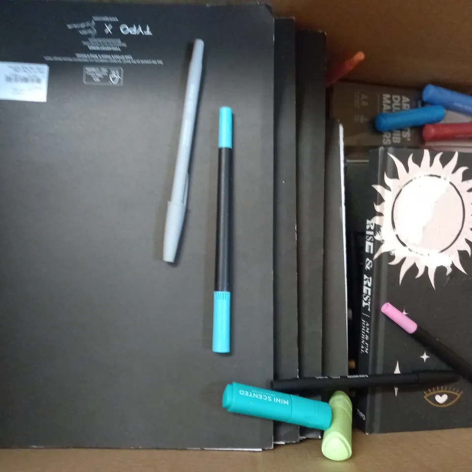 MEDIUM BOX OF ASSORTED HOUSEHOLD ITEMS TOO INCLUDE NOTEBOOKS , PENCIL CASES AND SHARPIES 