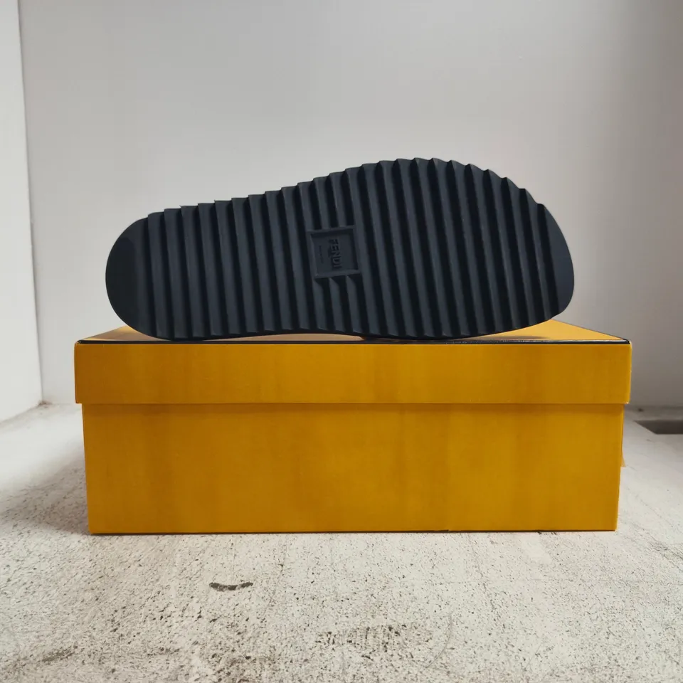 BOXED PAIR OF FENDI RUBBER SLIDES IN GREY/YELLOW SIZE 13