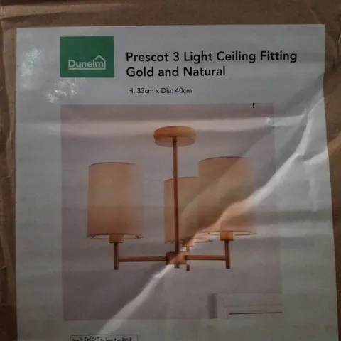 BOXED DUNELM PRESCOT 3 LIGHT CEILING FITTING GOLD AND NATURAL