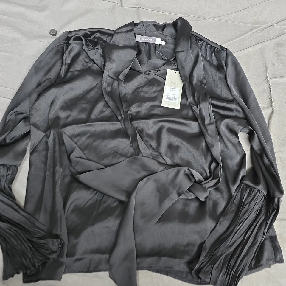 MINT VELVET BLACK SATIN TIE-NECK BLOUSE – SIZE L
