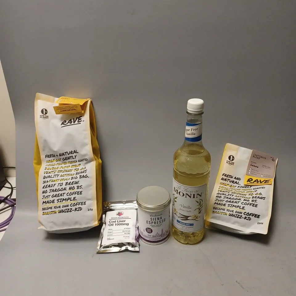 BOX OF APPROX 6 ASSORTED FOOD ITEMS TO INCLUDE - REIGN COD LIVER 100MG - RAVE CHATSWOOD BLEND COFFEE - MONIN VANILLA ETC