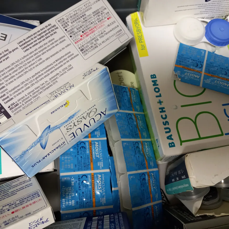 BOX OF APPROX 25 ASSORTED CONTACT LENSES AND CONTACT LENSE SOLUTIONS
