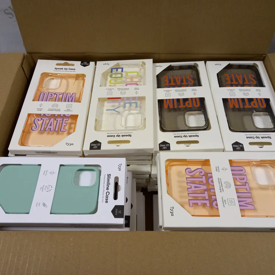 BOX OF APPROXIMATELY 50 TYPO PHONES CASES ('SLIMLINE CASE' & 'SPEAK UP CASE') FOR IPHONE 11, 12 MINI, 12/12PRO IN VARYING COLOURS