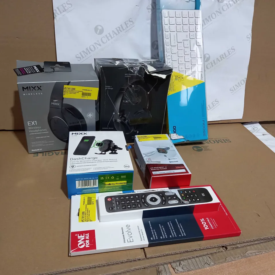BOX OF APPROXIMATELY 22 ASSORTED ITEMS TO INCLUDE A UNIVERSAL REMOTE, A PAIR OF EX1 WIRELESS HEADPHONES, A KEYBOARD/MOUSE AND A DASH CHARGE