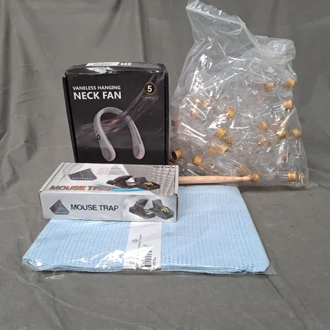 APPROXIMATELY 20 ASSORTED HOUSEHOLD PRODUCTS TO INCLUDE NECK FAN, MOUSE TRAP, MINI BOTTLES, ETC