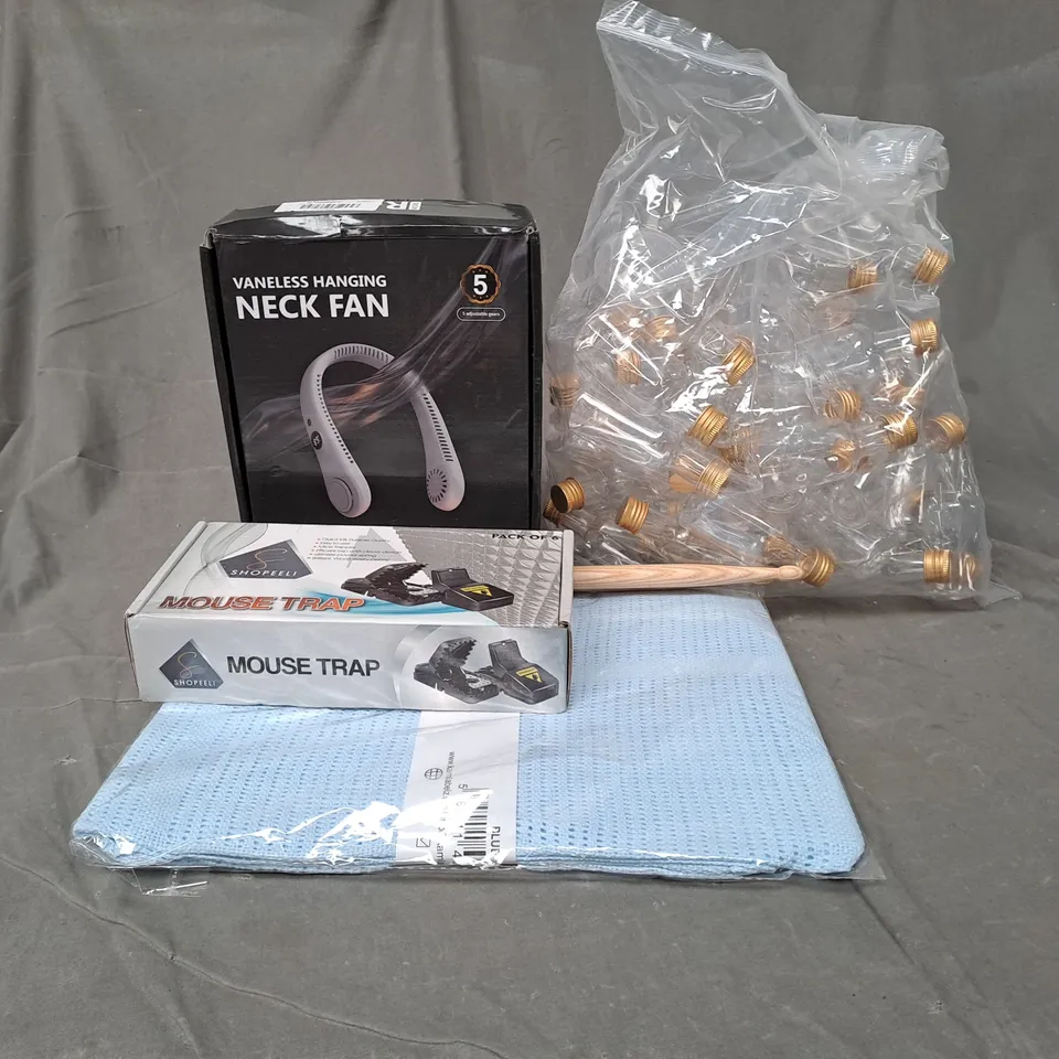 APPROXIMATELY 20 ASSORTED HOUSEHOLD PRODUCTS TO INCLUDE NECK FAN, MOUSE TRAP, MINI BOTTLES, ETC
