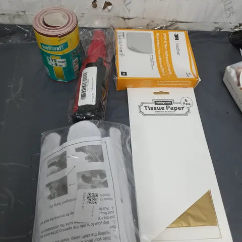 APPROXIMATELY 10 ASSORTED HOUSEHOLD ITEMS TOO INCLUDE SOCK AIDS , SANDPAPER , TISSUE PAPER , ETC