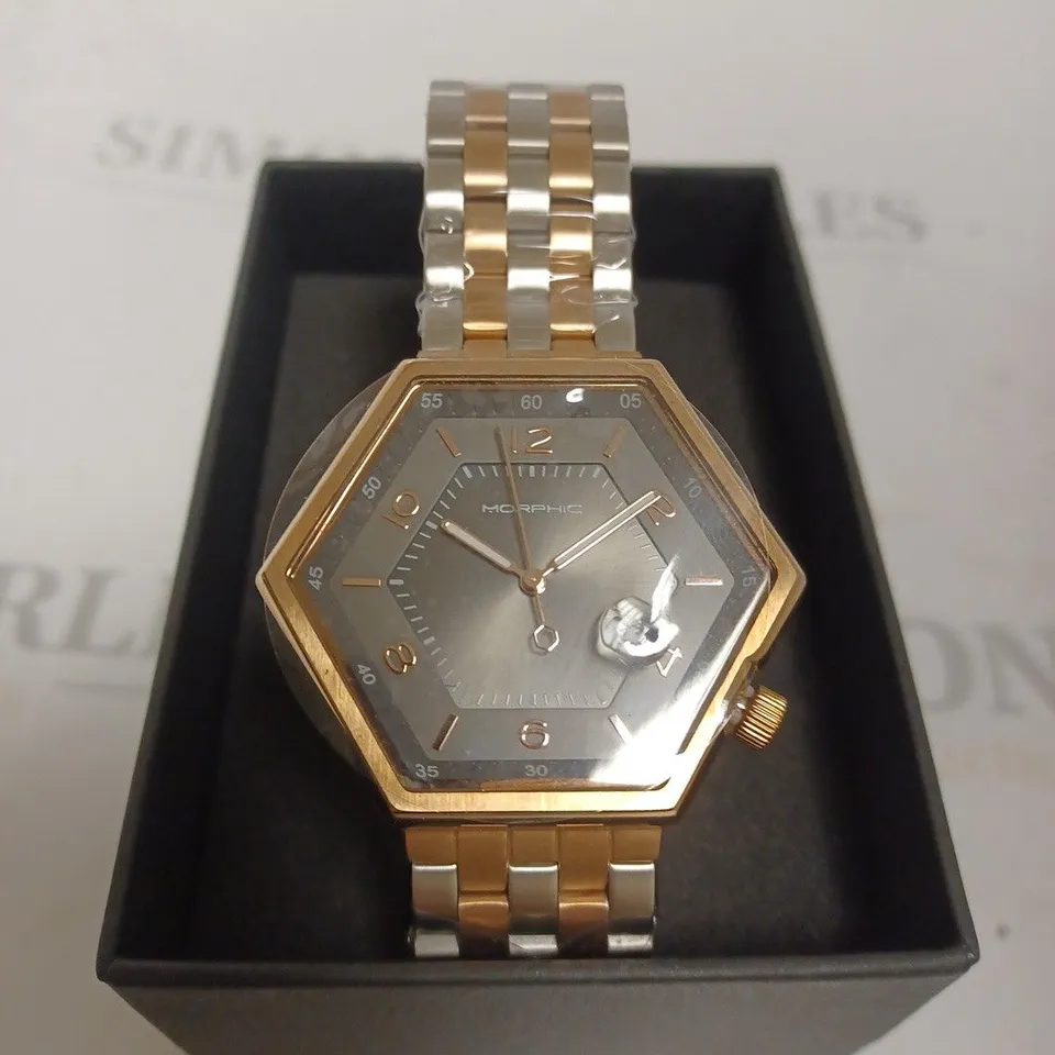BOXED MORPHIC STEEL AND BRONZE HEXAGONAL WATCH