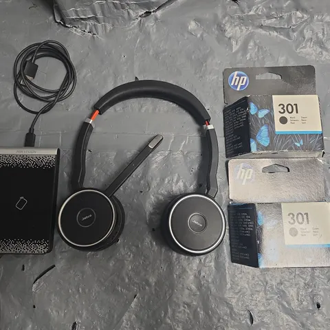 LOT OF 4 ASSORTED ITEMS TO INCLUDE JABRA, HIKVISION CARD DISPATCHER HP 301 BLACK INK
