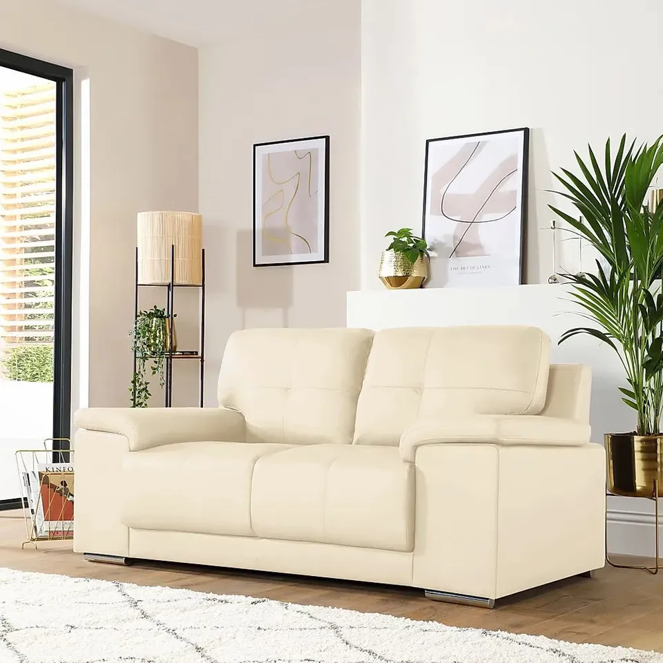 BOXED KANSAS IVORY LEATHER 2 SEATER SOFA