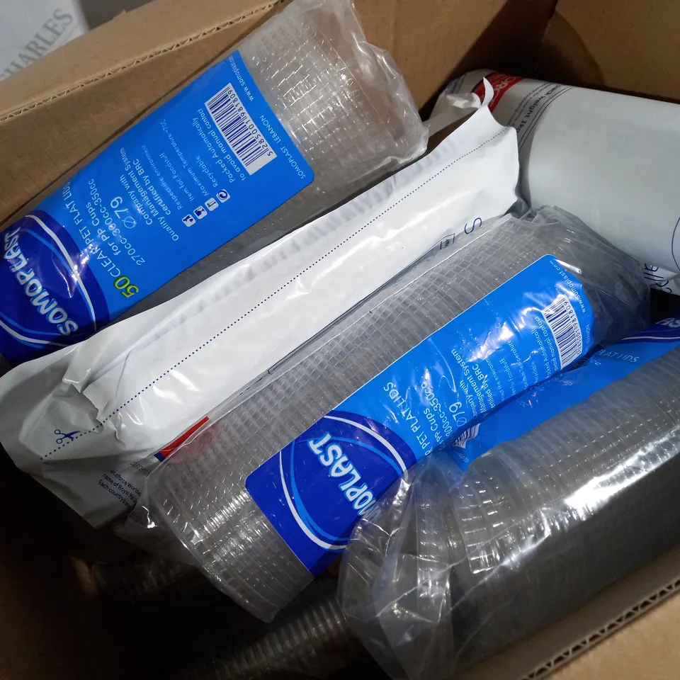 APPROXIMATELY 18 ASSORTED SOMOPLAST PRODCUTS TO INCLUDE DISPOSABLE CUPS, LIDS, AND STRAWS