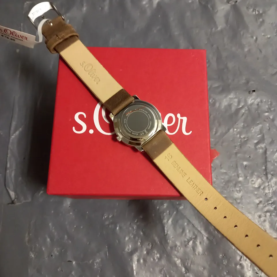 BOXED S.OLIVER STAINLES STEEL LEATHER STRAP WATCH IN BROWN LEAF