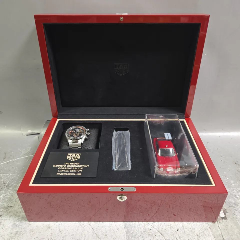 TAG HEUER LIMITED EDITION CARRERA CHRONOSPRINT PORSCHE RALLYE WATCH AND MODEL CAR IN PRESENTATION BOX
