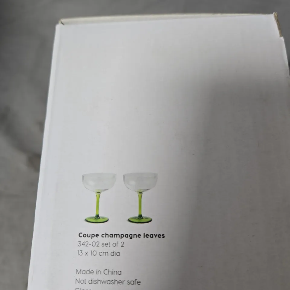 &K AMSTERDAM COUPE CHAMPAGNE GLASSES – SET OF 2 WITH GREEN STEMS