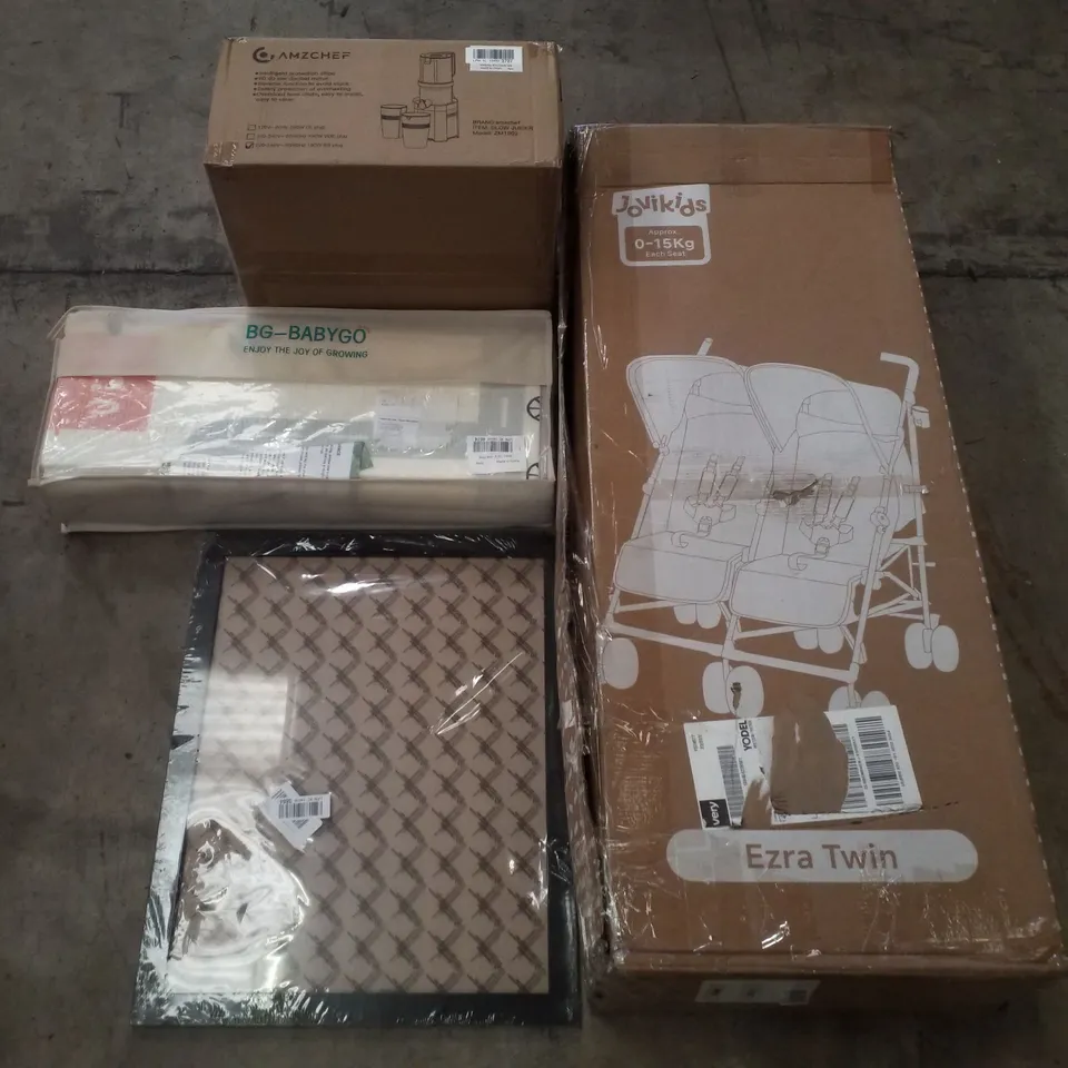 PALLET CONTAINING ASSORTED PRODUCTS INCLUDING JUICER, PICTURE FRAME, TWIN STROLLER, BABY PLAY MAT & BROKEN LAPTOPS