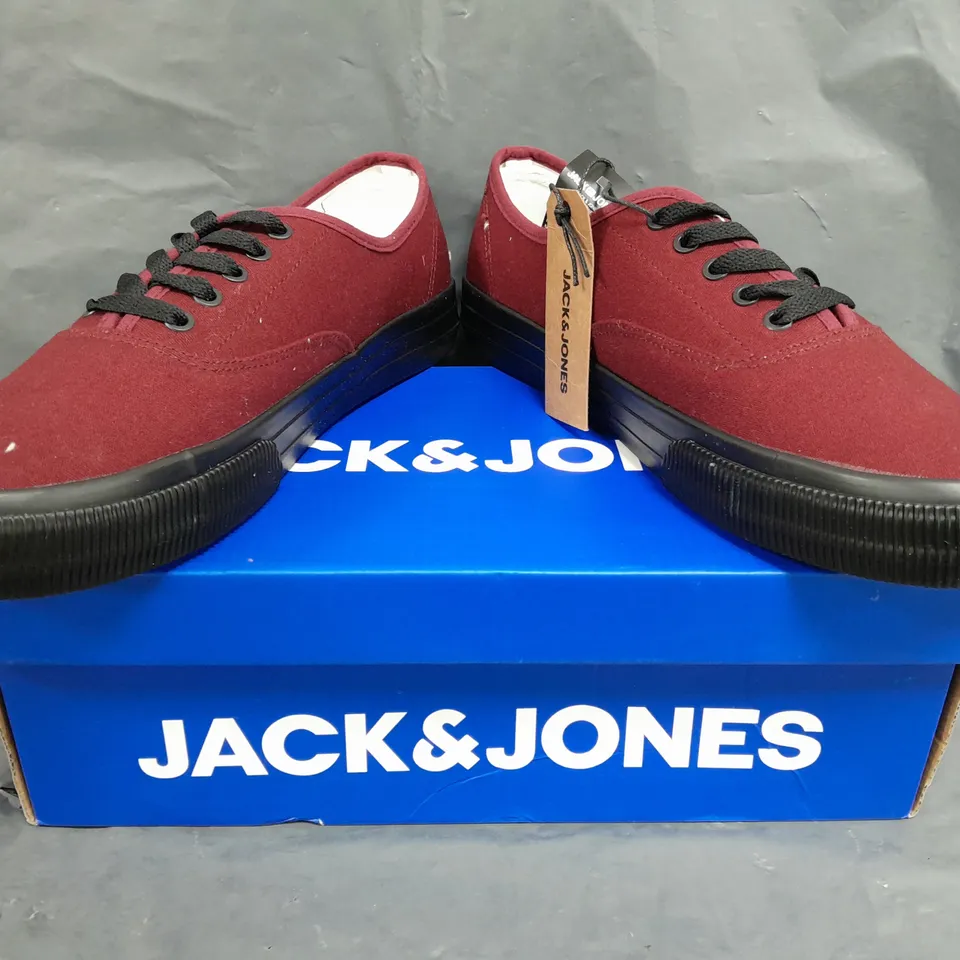 BOXED PAIR OF JACK & JONES CANVAS TRAINERS IN DEEP RED UK SIZE 9