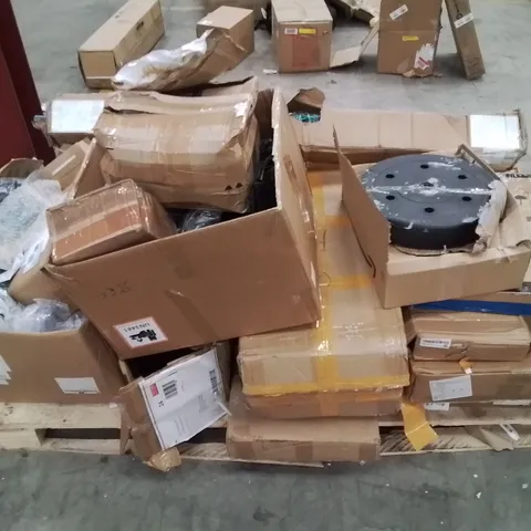 PALLET CONTAINING VARIOUS ASSORTED BOXED HOUSEHOLD RETURNS/ELECTRICAL/GARDEN ITEMS TO INCLUDE: PORTABLE FAN, WASHING LINE, AIR QUALITY DETECTOR ETC.
