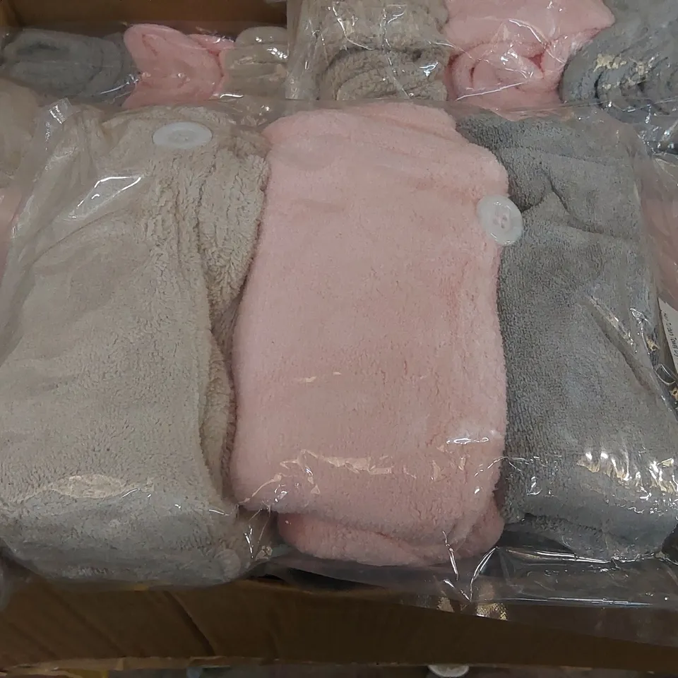 BOX OF APPROXIMATELY 15x PACKS OF 3 TOWEL HAIR DRYING CAPS 