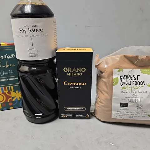 APPROXIMATELY 9 ASSORTED FOOD & DRINK ITEMS TO INCLUDE - FOREST WHOLE FOOD ORGANIC CAROB POWER , SOY SAUCE , DUBIA CHOCOLATE ETC