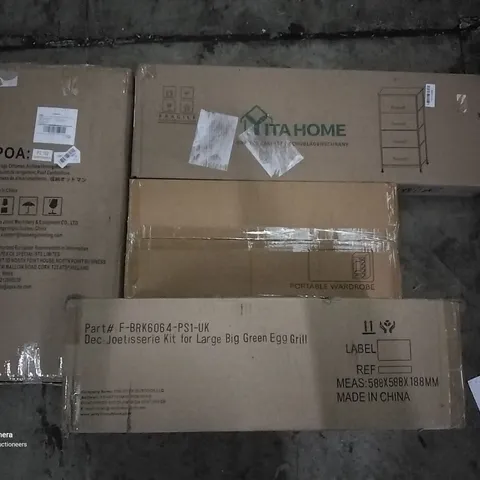 PALLET OF ASSORTED ITEMS INCLUDING DRAWER CABINET, STORAGE OTTOMAN, PORTABLE WARDROBE, ROTISSERIE KIT, INTELLIGENT BIDET SEAT