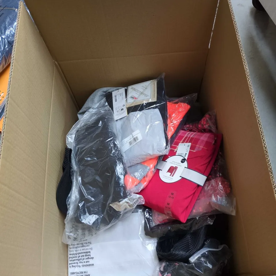 BOX OF APPROXIMATELY 25 ASSORTED CLOTHING ITEMS INCLUDING HIGH VIS HOODIE, RED SPARKLY LADIES TOP, KETTLES CAP AND LONG SLEEVE PYJAMA SET