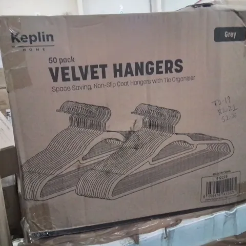 BOX OF APPROXIMATELY 50 KEPLIN BLACK VELVET CLOTHES HANGERS -GREY-