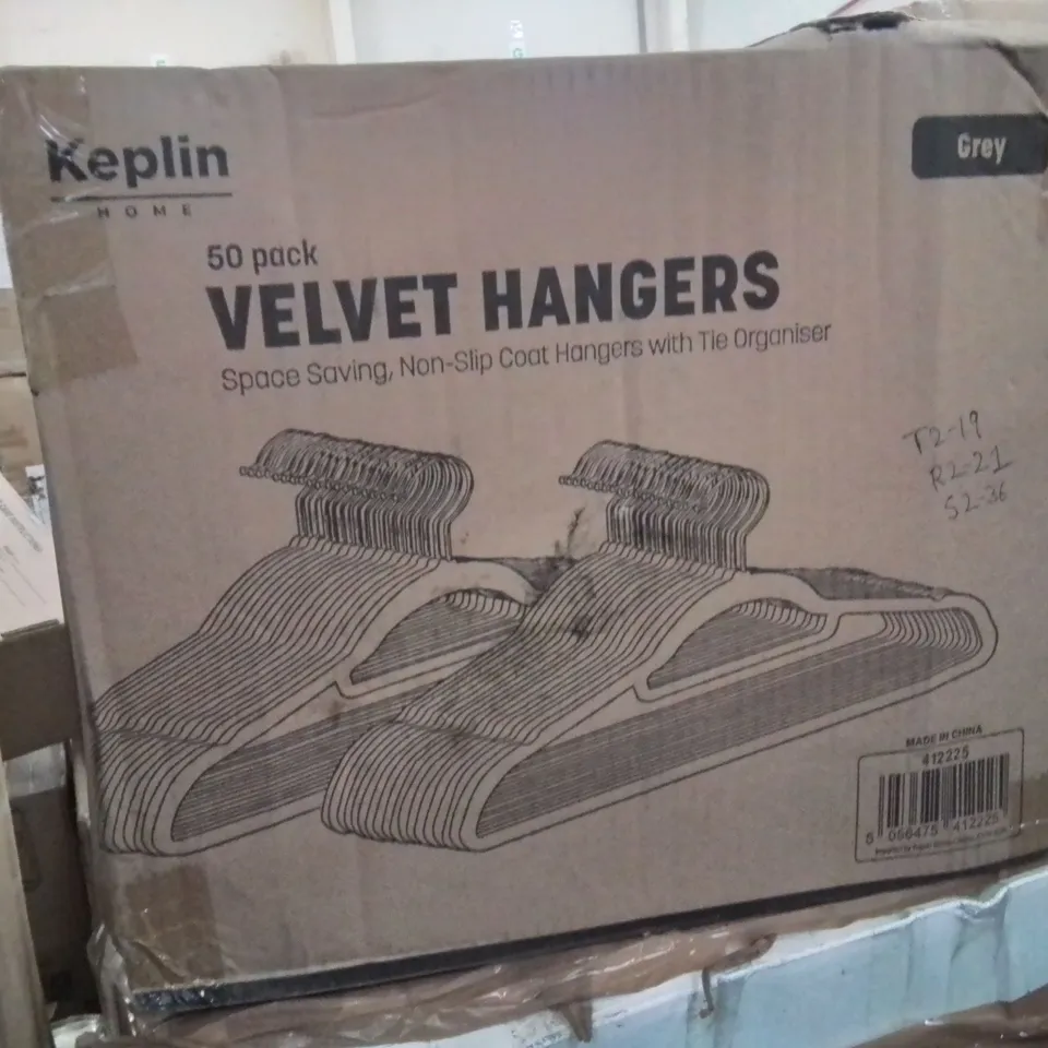 BOX OF APPROXIMATELY 50 KEPLIN BLACK VELVET CLOTHES HANGERS -GREY-