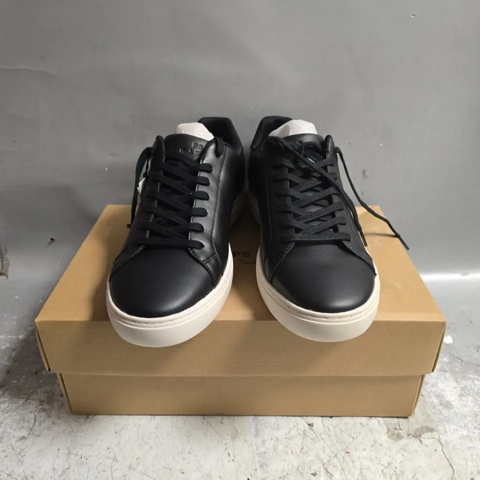 BOXED PAIR OF PAUL SMITH REX BLACK LEATHER TRAINERS - UK 10