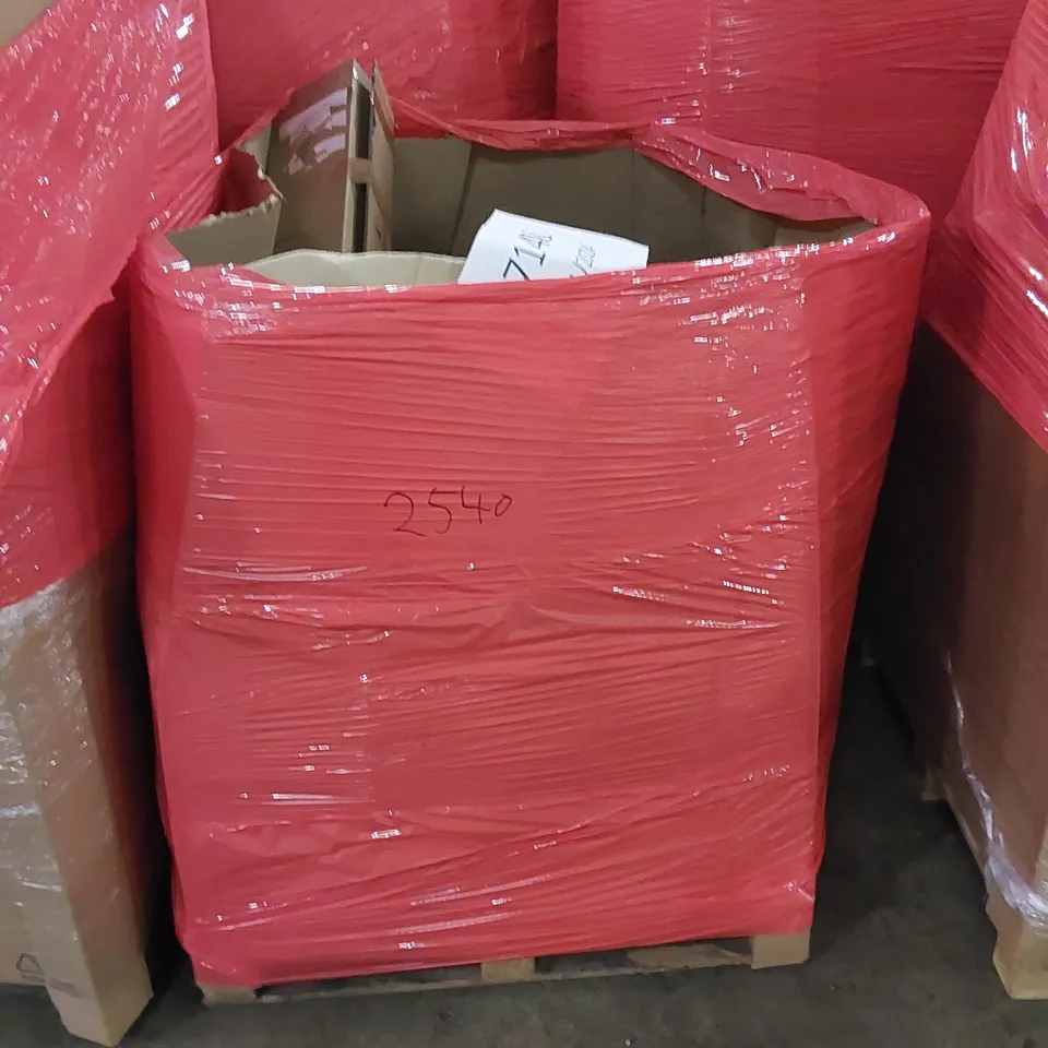 PALLET TO CONTAIN ASSORTED HOUSEHOLD ITEMS AND CONSUMER PRODUCTS. INCLUDING OFFICE CHAIR, DUVET, CEILING LIGHT, AIR BED, BOXED FURNITURE ETC