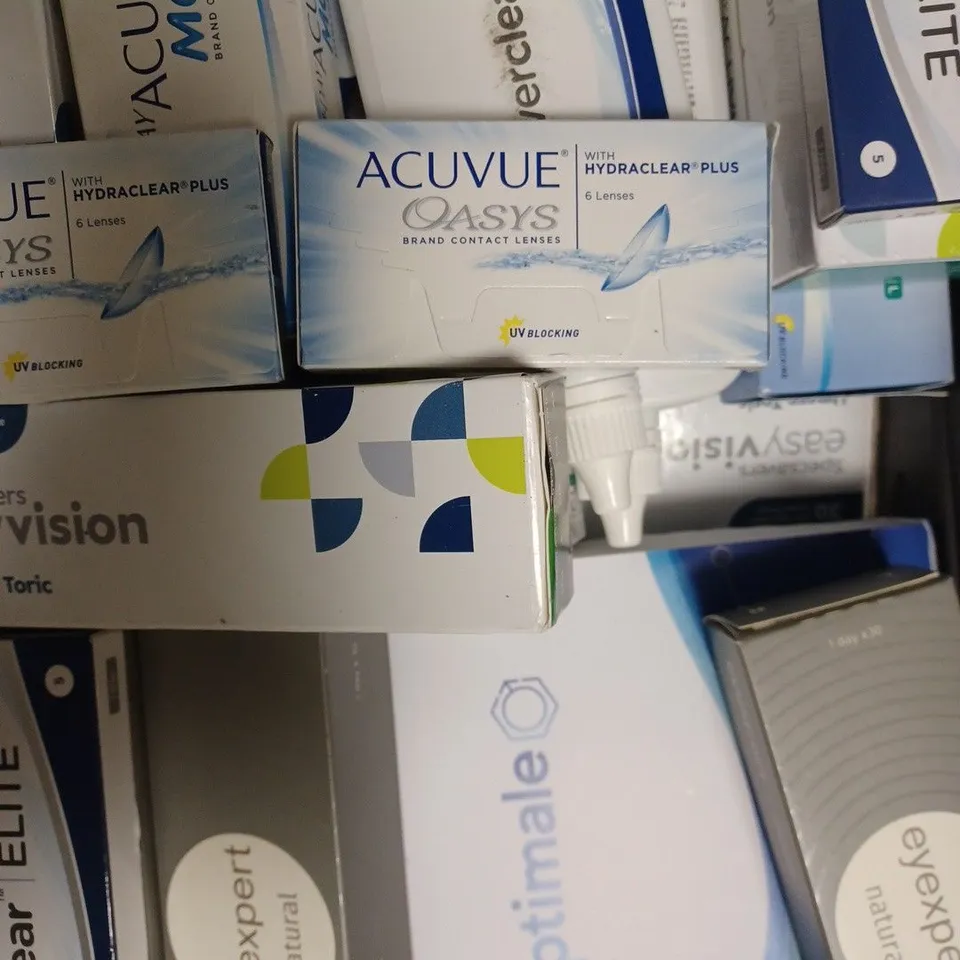 BOX OF APPROX 25 ASSORTED CONTACT LENSES AND SOLUTIONS 