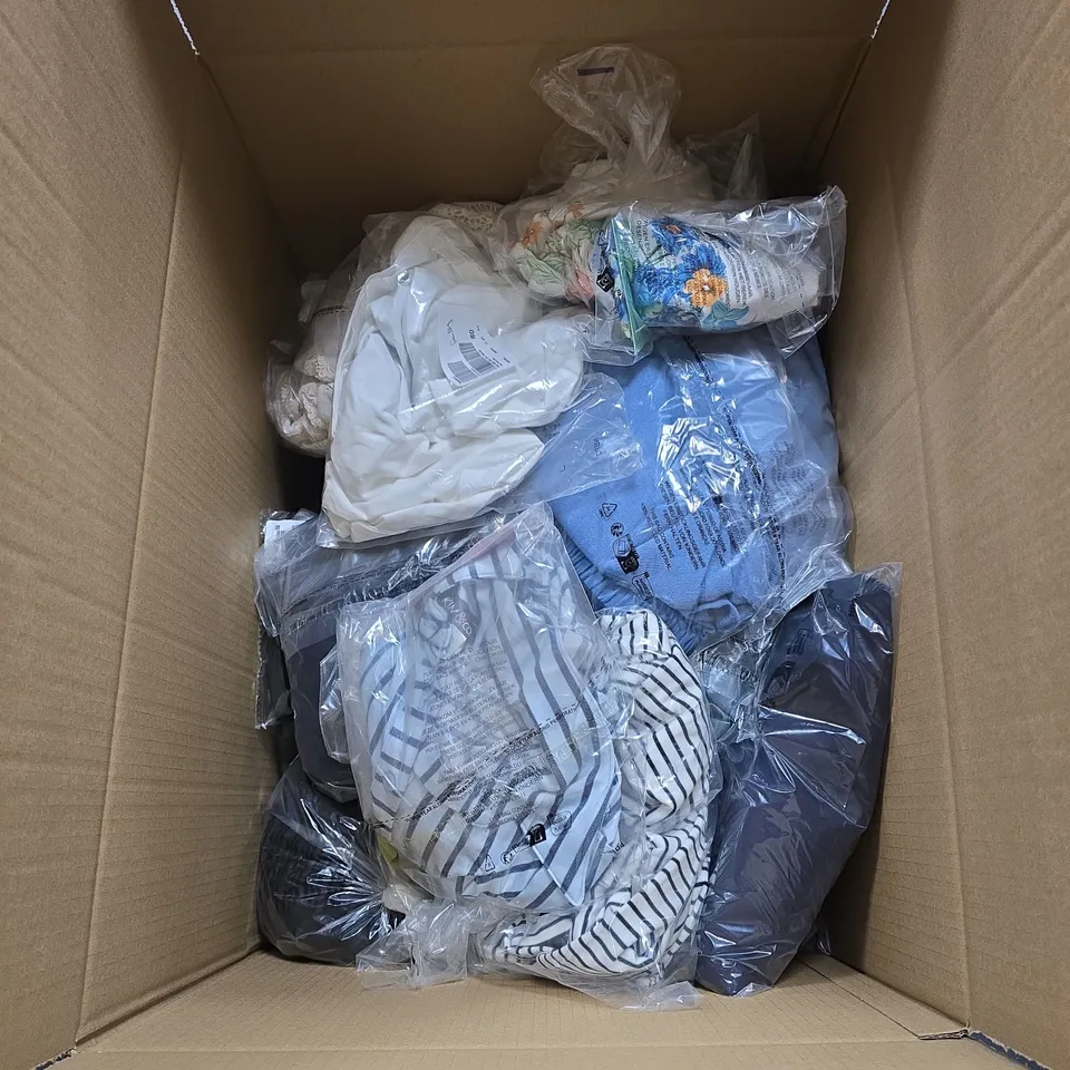 BOX OF APPROXIMATELY 20 ASSORTED CLOTHING ITEMS IN VARIOUS STYLES , COLOURS AND SIZES 