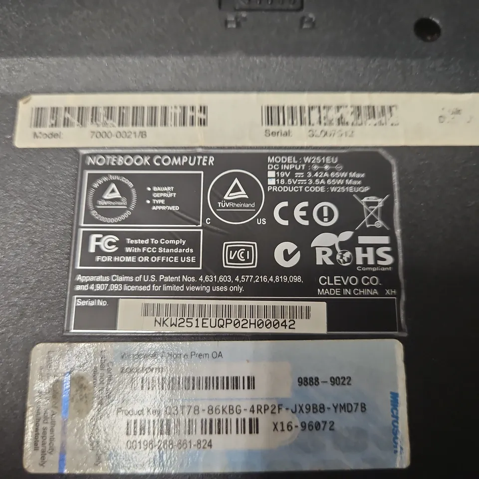 Clevo Notebook Computer – Black, Model W251EU